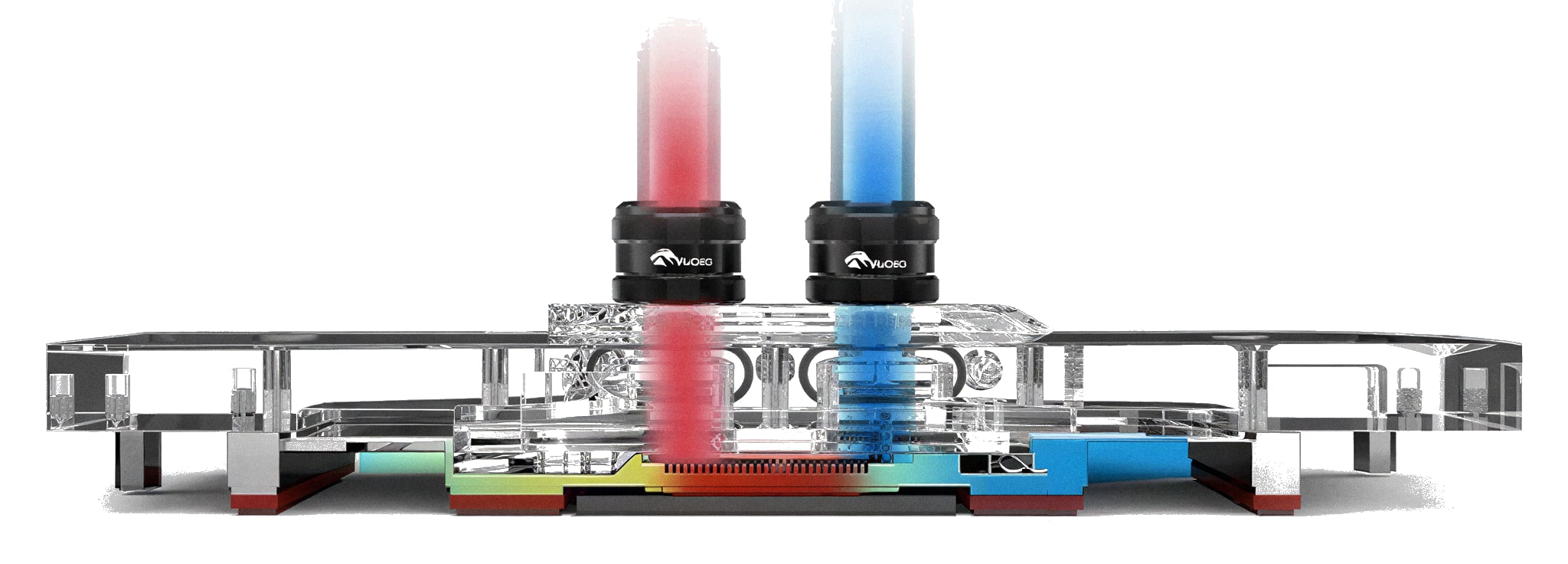 Cross-section of the block showing the 0.35 mm copper base under the coolant channels