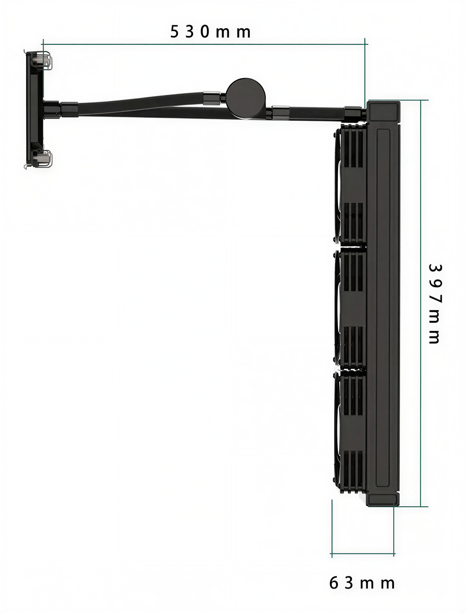 Dimension drawing of the 360 mm kit laid out straight: 396 mm radiator, 63 mm with fans, 530 mm overall, and the block