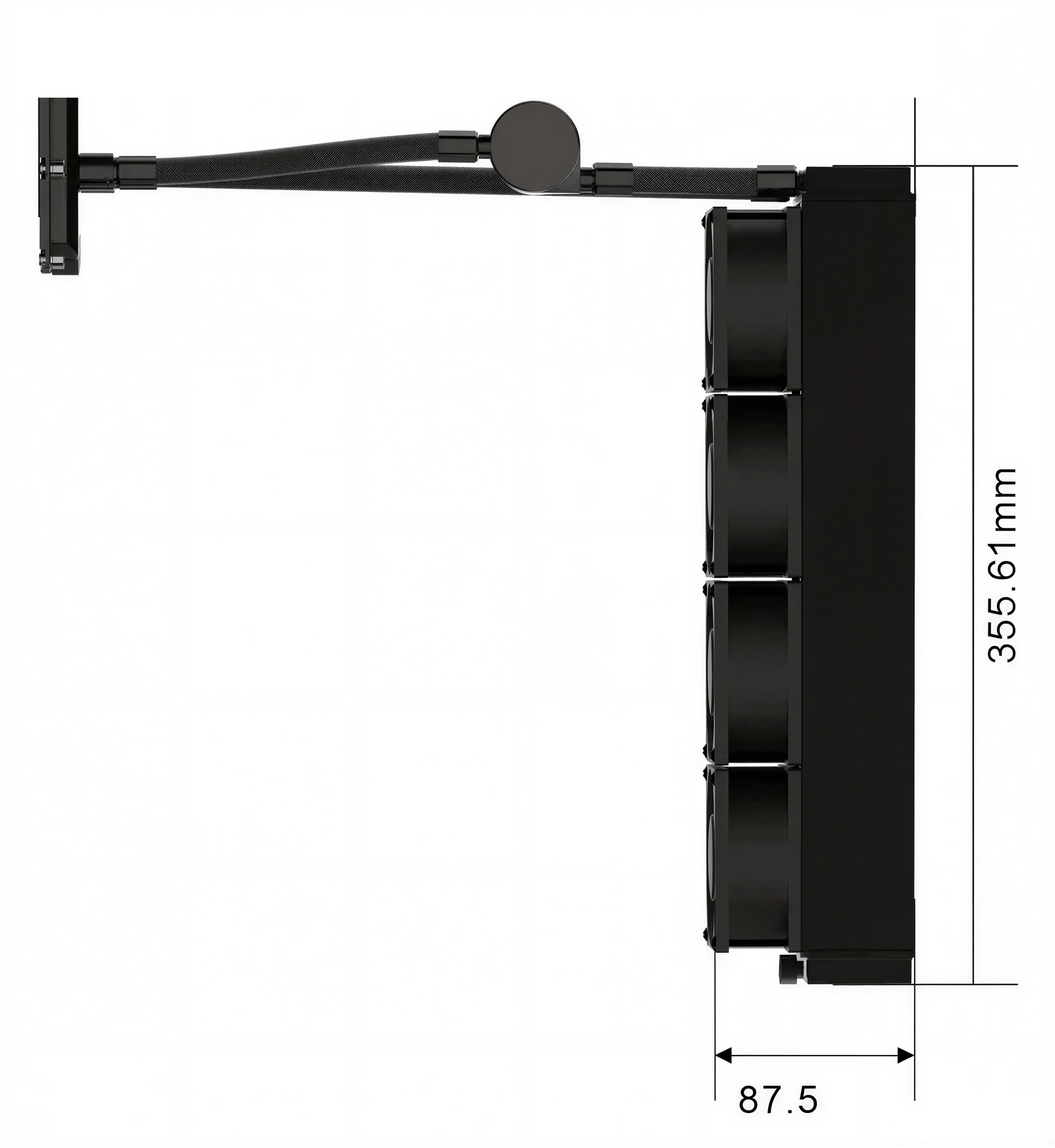 Dimension drawing of the 4 x 80 mm kit: radiator 355.61 mm long, 87.5 mm deep with the fans fitted