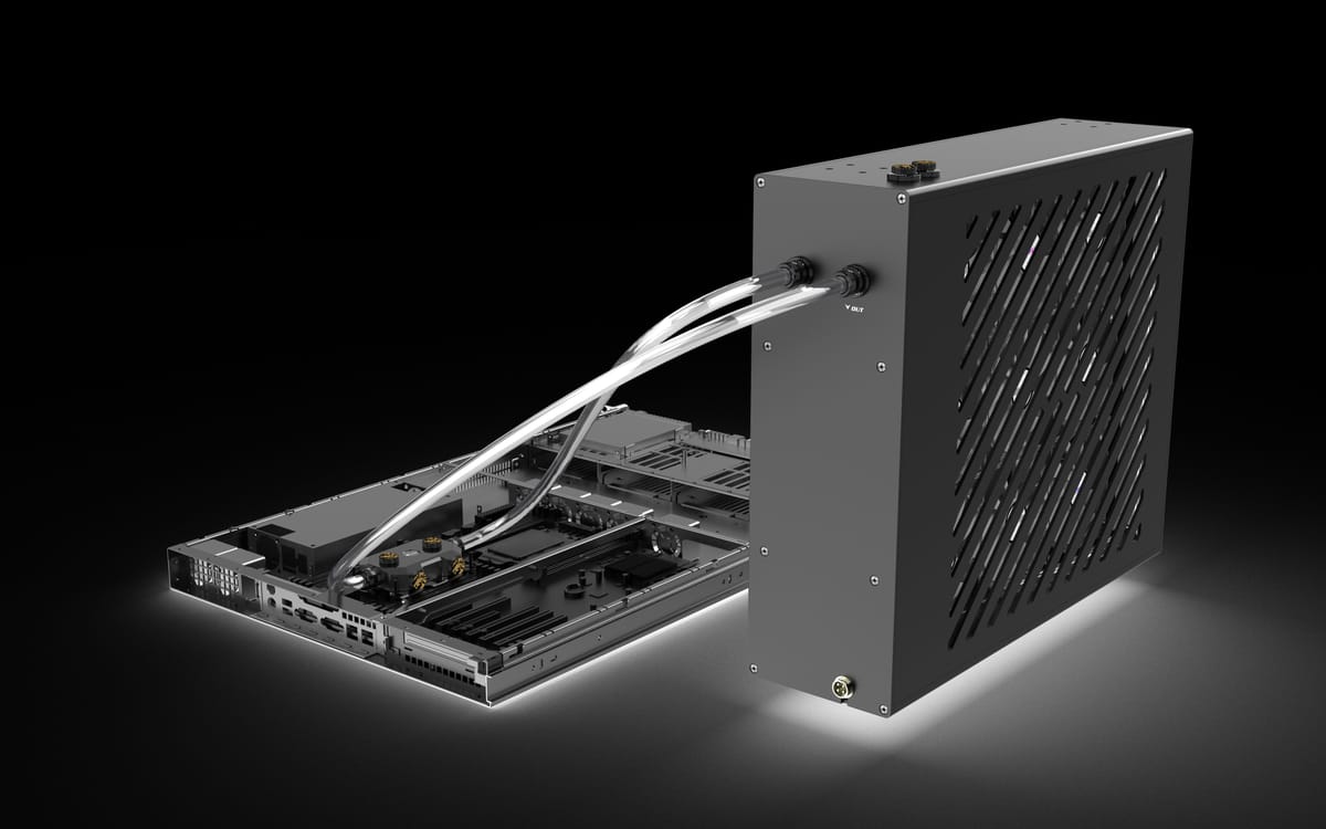 Bykski external radiator unit plumbed into a rack server