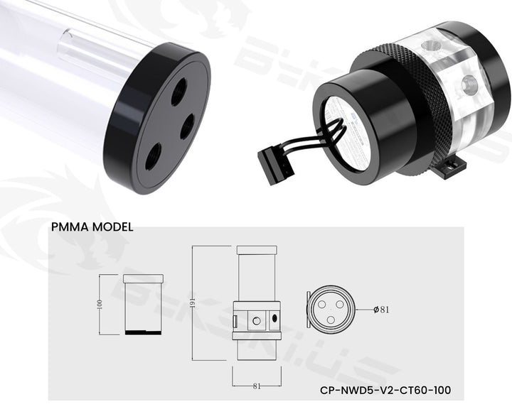 Bykski Complete CP-D5PM-V2 Pump / PMMA Reservoir Combo, Armored Black - with Integrated 5V Addressable RGB (CP-NWD5-V2-CT60-100) - 100MM