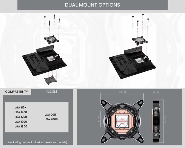 Granzon GAI0.1 CPU Water Cooling Block w/ 5v Addressable RGB (RBW) (for Intel LGA 115x,1200,1700,1800,2011,2066)  (GAI0.1-BK) - Black