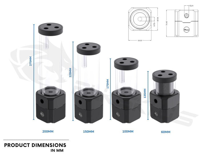 Bykski Full Armor Tube Reservoir with High Flow D5 Pump, 720L/H PWM Control, Available in Four Lengths (B-UL-D5-X-V4-CT60) - 60MM