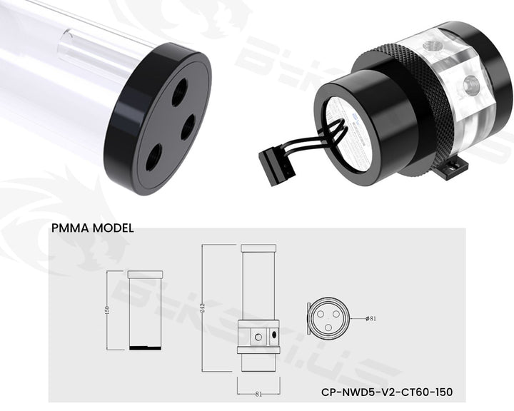 Bykski Complete CP-D5PM-V2 Pump / PMMA Reservoir Combo, Armored Black - with Integrated 5V Addressable RGB (CP-NWD5-V2-CT60-150) - 150MM