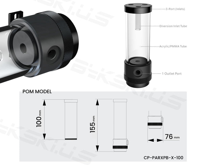 Bykski Silent PARX Pump (330L/H) / Acrylic Reservoir Combo - Black POM (CP-PARX-X-CT60) - POM,100mm