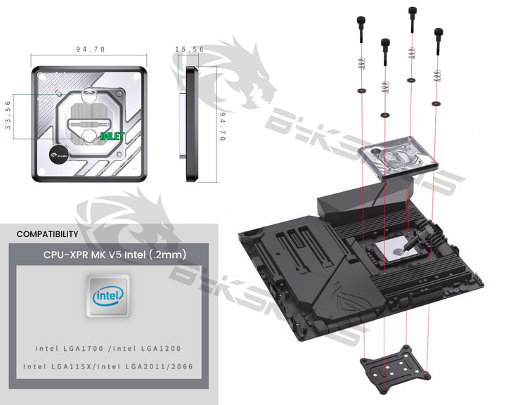 Bykski CPU-XPR-MK-I-V5 High-Efficiency CPU Water Cooling Block - Featuring High Flow Optimized 0.2mm Fins -  Full PMMA Mounting w/ 5v Addressable RGB - for Intel LGA 1200/1700 - 115x - 2011/2066 - Silver
