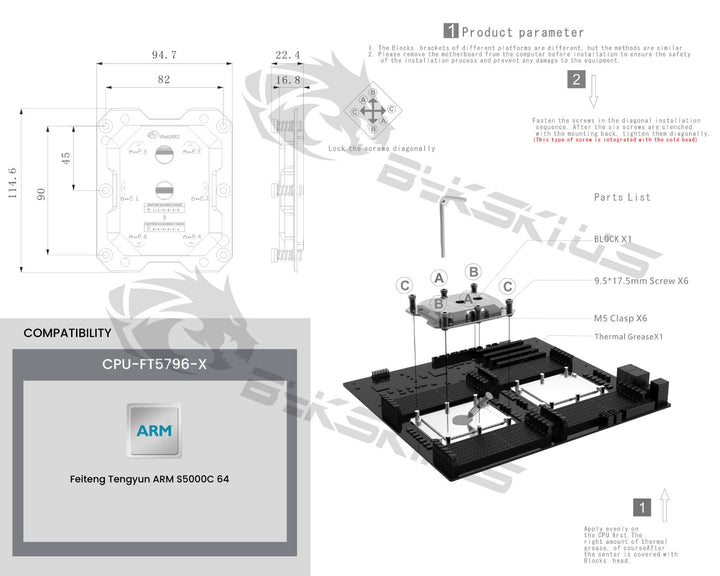 Bykski CPU-FT5796-X ARM S5000C 64 CPU Water Cooling Block - Full Metal - Nickel Plated - Gray
