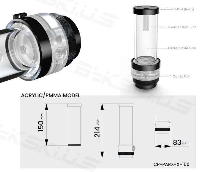 Bykski Silent PARX Pump (330L/H) / Acrylic Reservoir Combo - PMMA w/ 5v Addressable RGB (CP-PARX-X-CT60) - PMMA,150mm