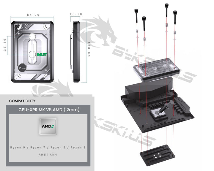 Bykski CPU-XPR-MK-M-V5 High-Efficiency CPU Water Cooling Block - Featuring High Flow Optimized 0.2mm Fins -  Full PMMA Mounting w/ 5v Addressable RGB - for AMD Ryzen 3/5/7/9 (AM4/AM5) - Silver