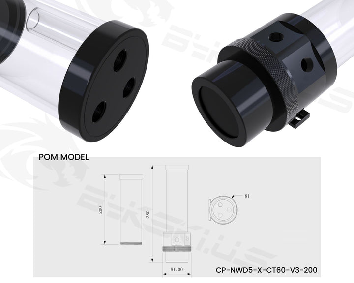 Bykski Complete D5 Pump / 200 mm PMMA Reservoir Combo, Armored / POM - Black - Integrated 5V Addressable RGB (CP-NWD5-X-CT60-V3-BK)