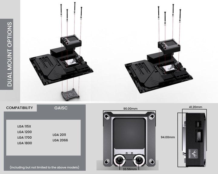 Granzon GAISC CPU Water Cooling Block w/ Temp Digital Display - Black w/ 5v Addressable RGB (RBW) (For Intel LGA 115x/1200/1700/1800/20xx)