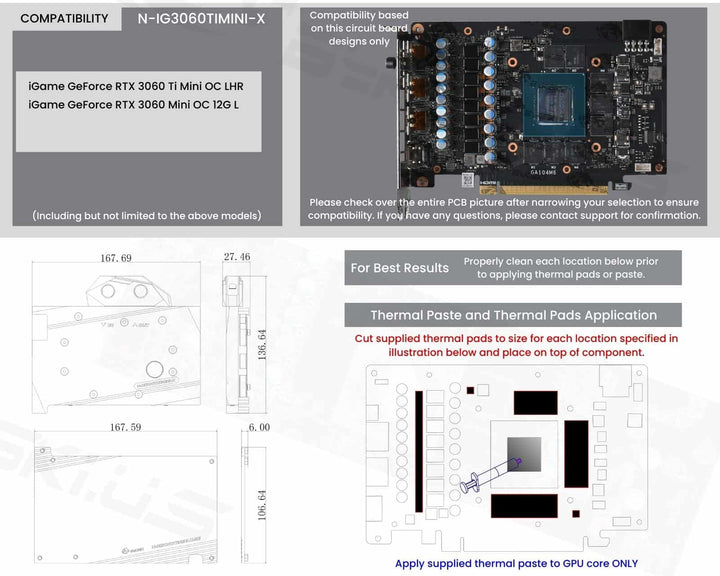 Bykski Full Coverage GPU Water Block and Backplate for Colorful iGame GeForce RTX 3060 Mini  (N-IG3060TIMINI-X)
