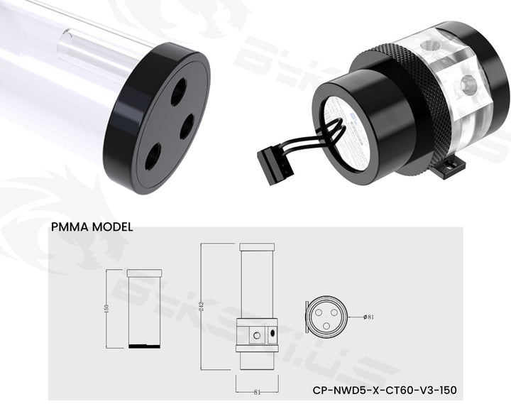 Bykski Complete D5 Pump / 150mm PMMA Reservoir Combo, Armored Black - with integrated 5V Addressable RGB (CP-NWD5-X-CT60-V3)