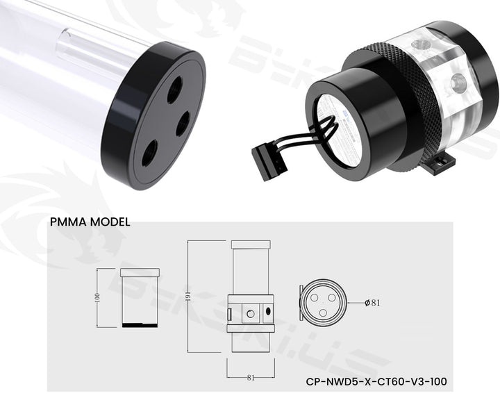 Bykski Complete D5 Pump / 100mm PMMA Reservoir Combo, Armored Black - with integrated 5V Addressable RGB (CP-NWD5-X-CT60-V3)