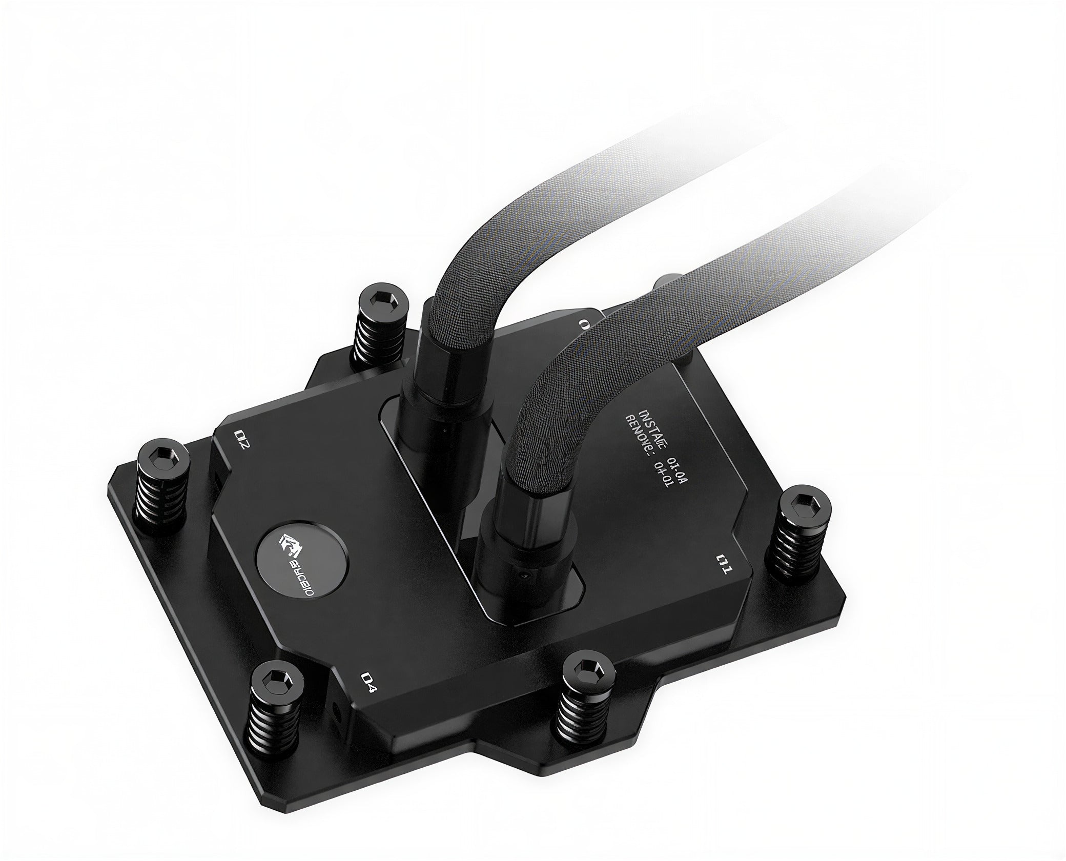 The CPU block on its tubing, numbered mounting screws at the corners
