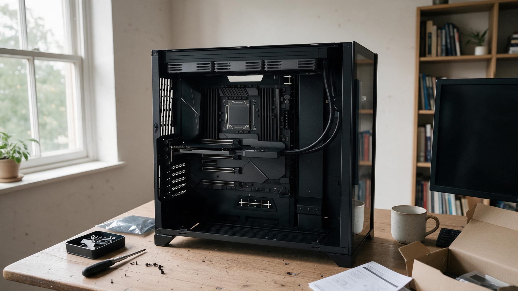 A workstation mid-build on a desk: the kit fitted to the card, block and tubing to the radiator in the top of the case