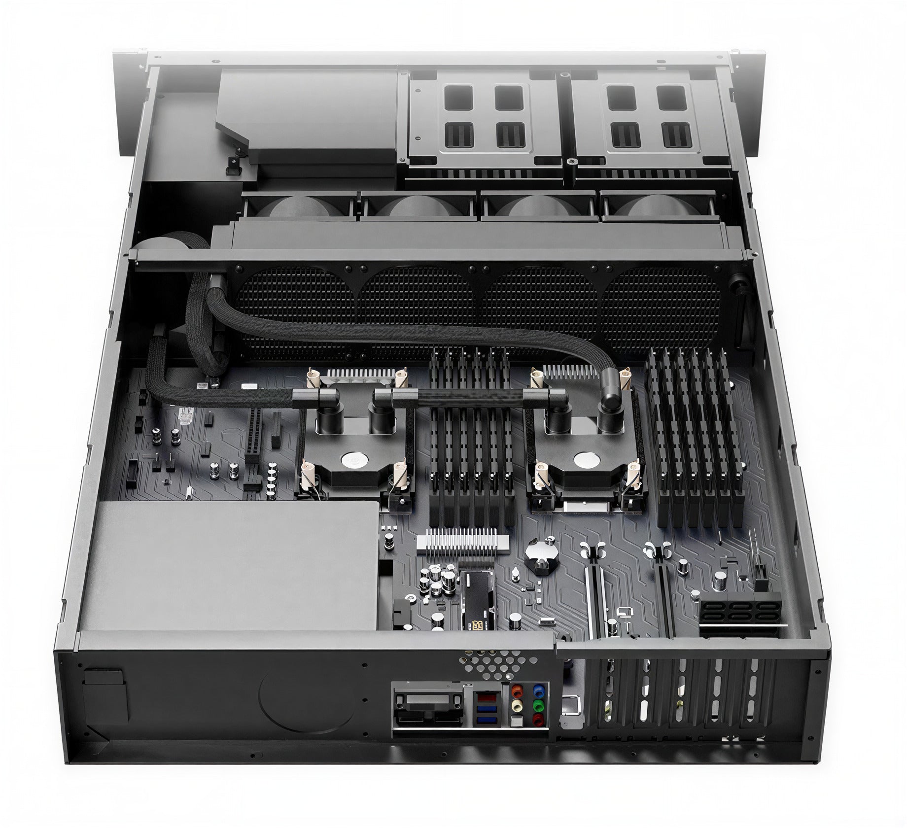 The 360 mm kit installed in a 4U chassis: two blocks on the sockets, the radiator and its three fans at the rear